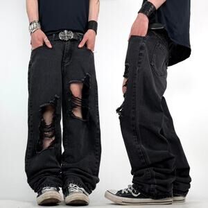 Vintage y2k baggy wide leg faded black grunge distressed archive jeans